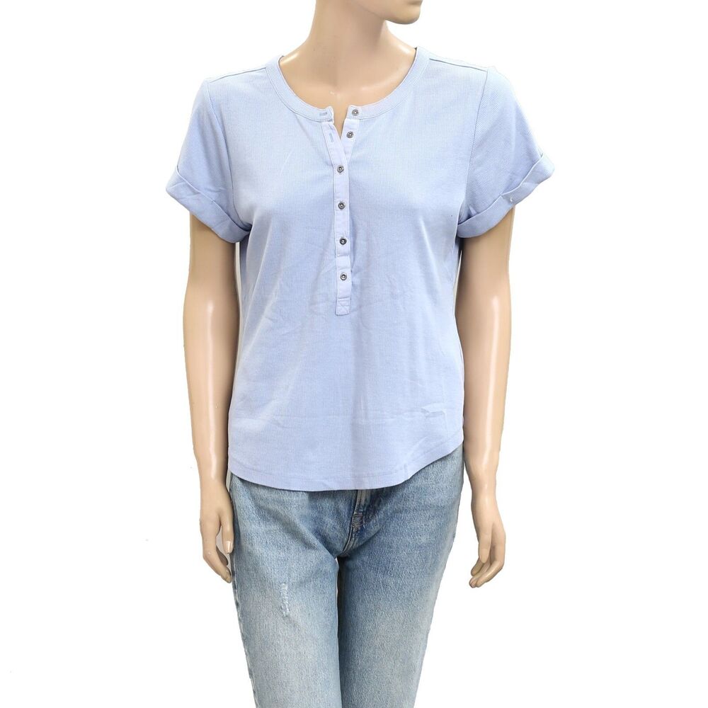 Pilcro Anthropologie The Andie Ribbed Henley Blouse Top Short Sleeve XL 280155 - Picture 3 of 7